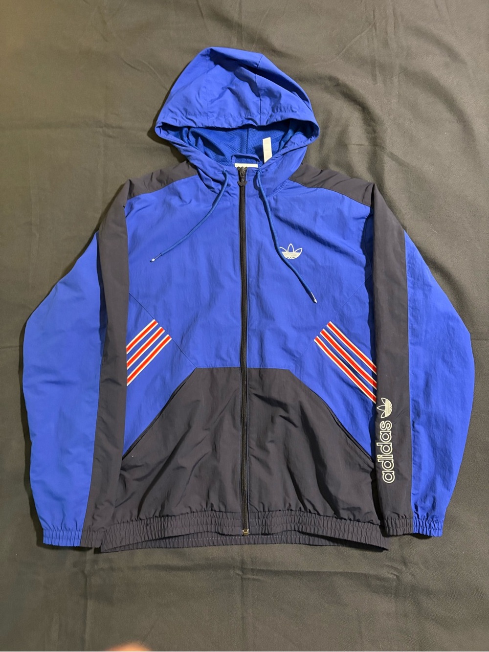 adidas Originals Blue and Black Hooded Windbreaker Track Jacket with red stripes